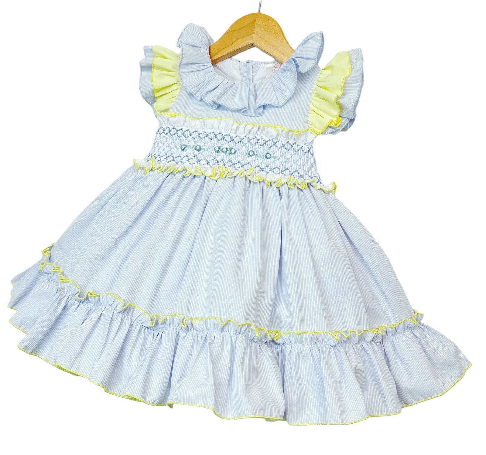 *SALE* Blue with Yellow Hand Smocked Puff Ball Dress Knee Length 2251 Yellow"