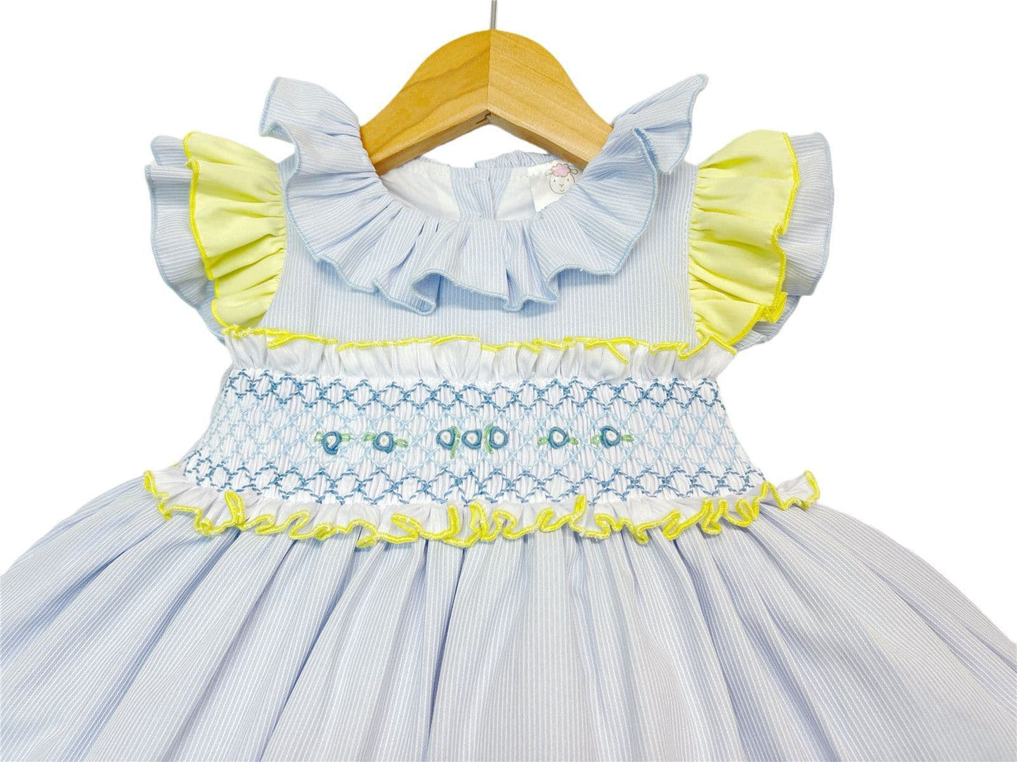 *SALE* Blue with Yellow Hand Smocked Puff Ball Dress Knee Length 2251 Yellow"