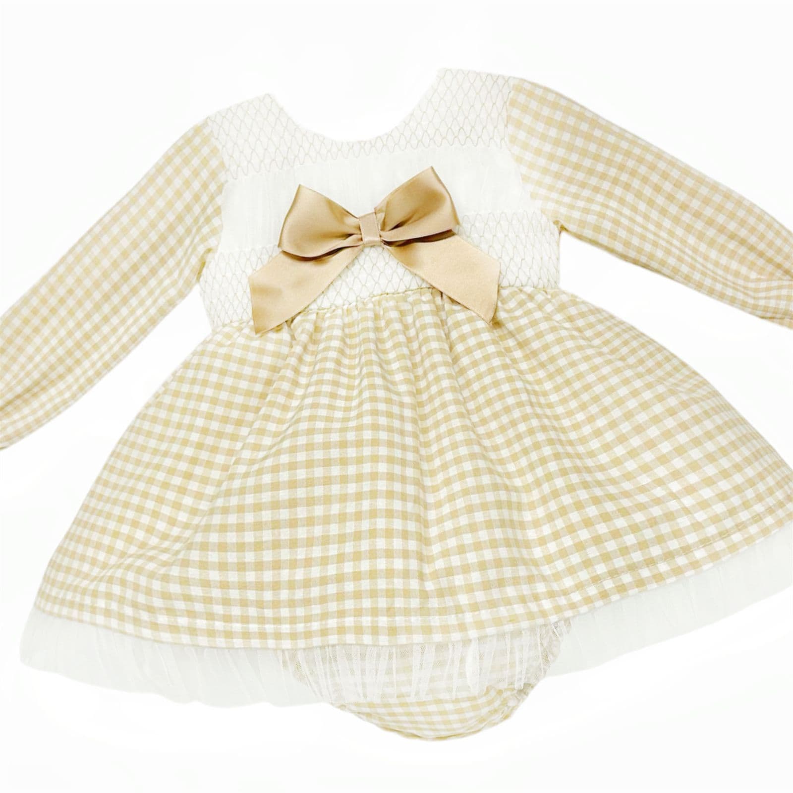 *SALE* Camel Gingham Smocked Puff Dress with Pants "MYDB2471C"