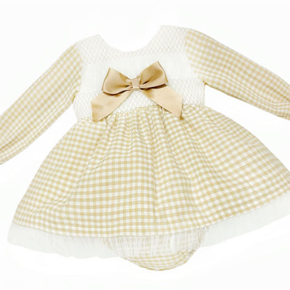 *SALE* Camel Gingham Smocked Puff Dress with Pants "MYDB2471C"