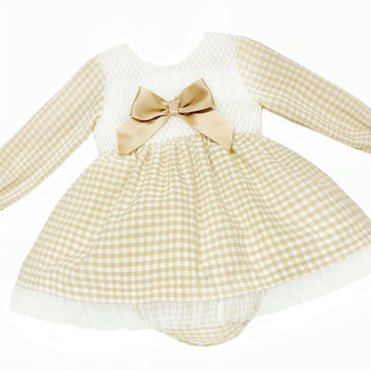 *SALE* Camel Gingham Smocked Puff Dress with Pants "MYDB2471C"