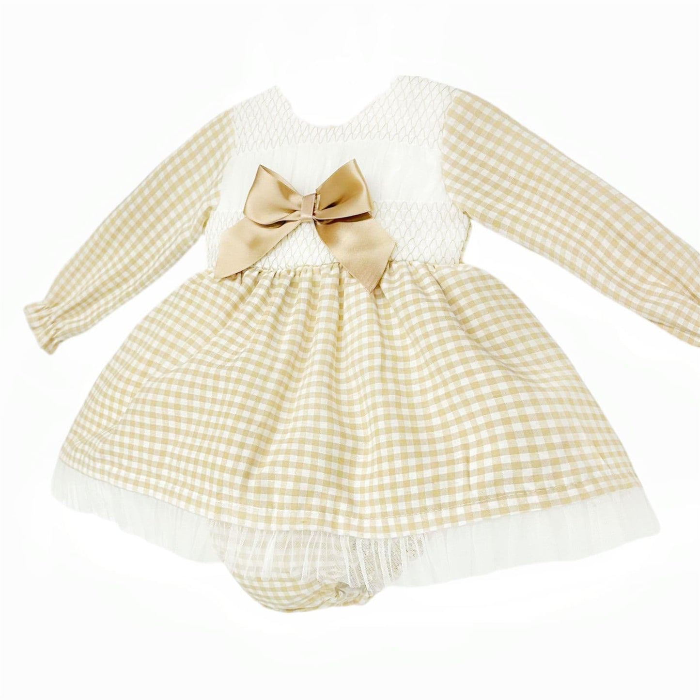 *SALE* Camel Gingham Smocked Puff Dress with Pants "MYDB2471C"