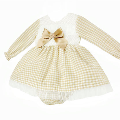 *SALE* Camel Gingham Smocked Puff Dress with Pants "MYDB2471C"