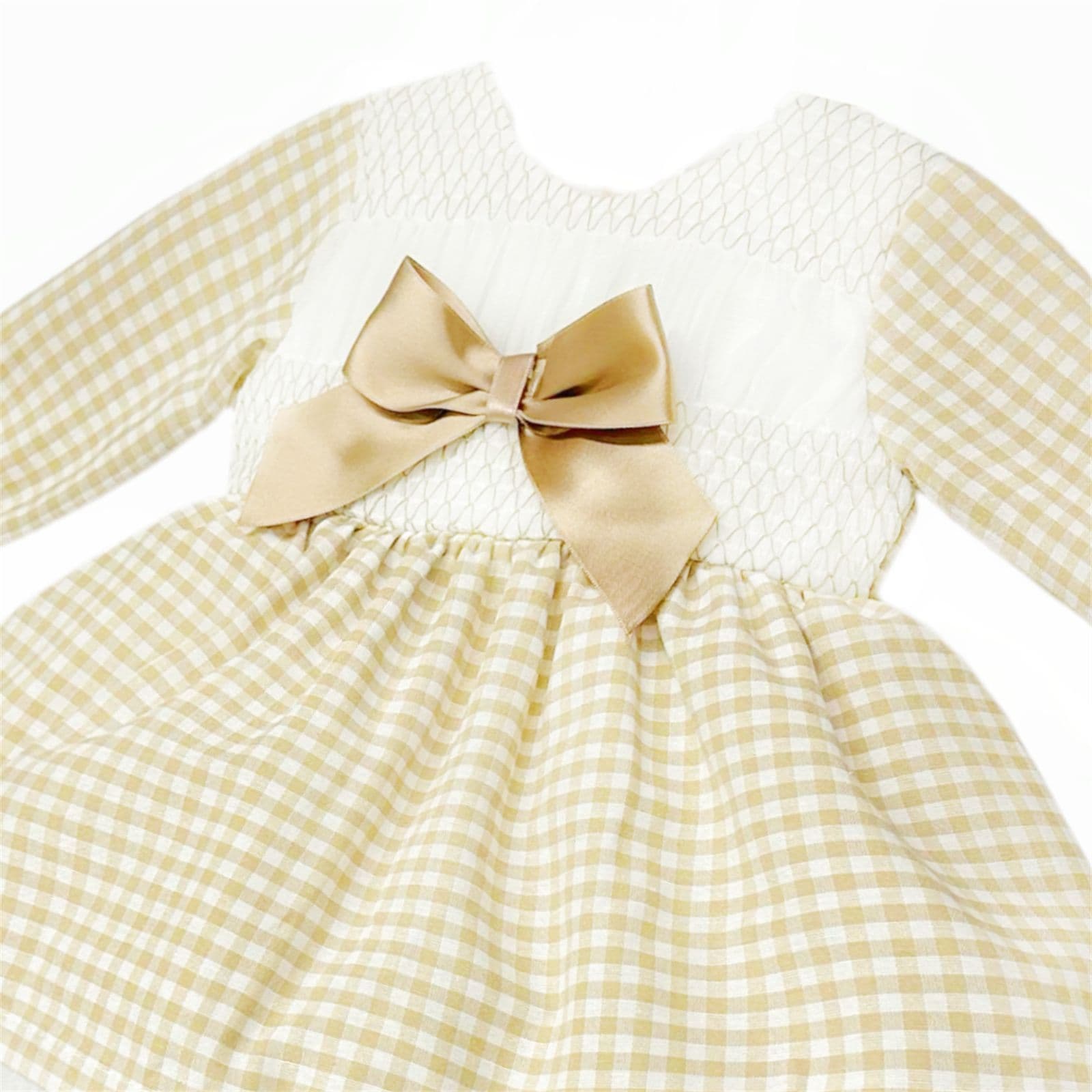 *SALE* Camel Gingham Smocked Puff Dress with Pants "MYDB2471C"