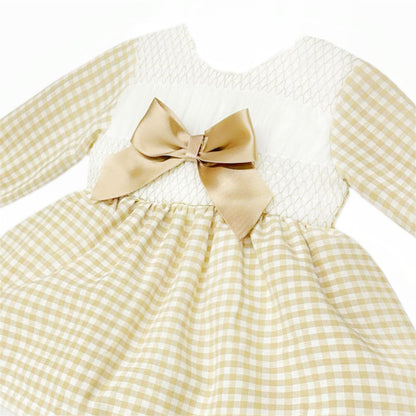 *SALE* Camel Gingham Smocked Puff Dress with Pants "MYDB2471C"