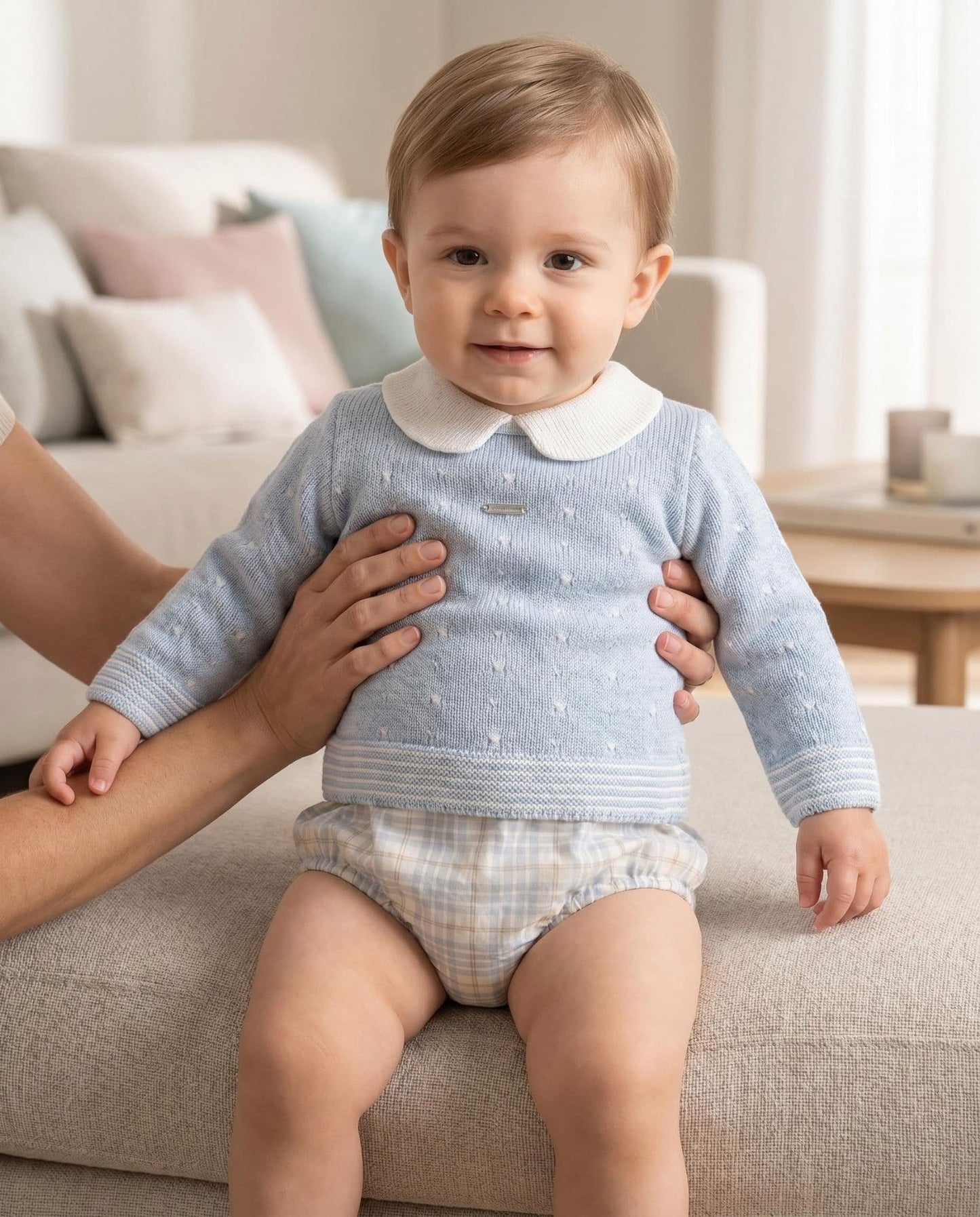 *SALE* FOQUE Baby Boys Misty Blue Knitted Top & Checked Bloomers Set "2424205"
