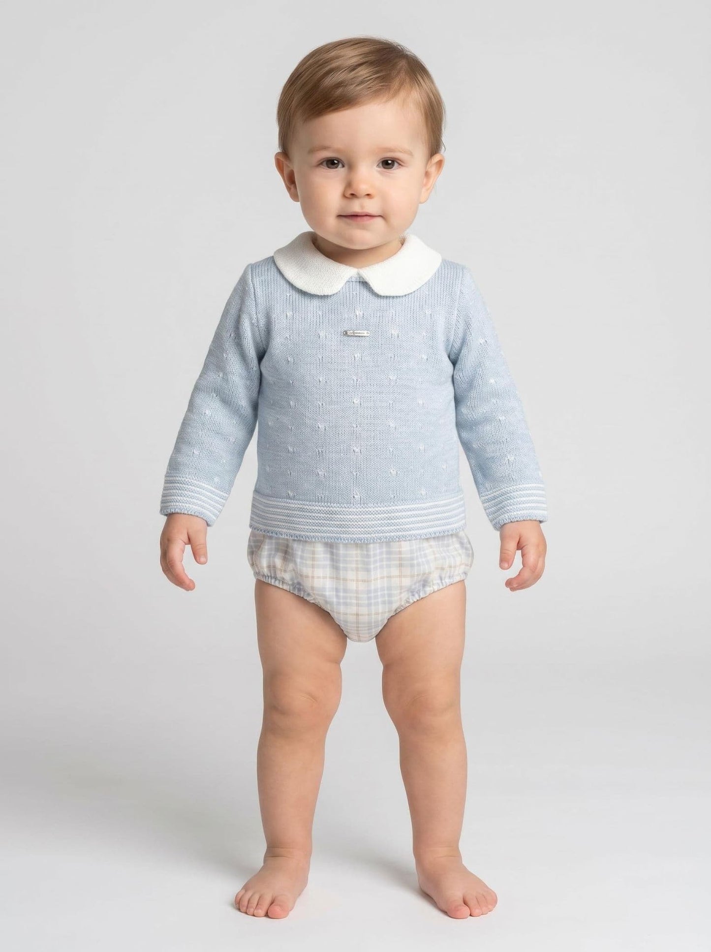 *SALE* FOQUE Baby Boys Misty Blue Knitted Top & Checked Bloomers Set "2424205"