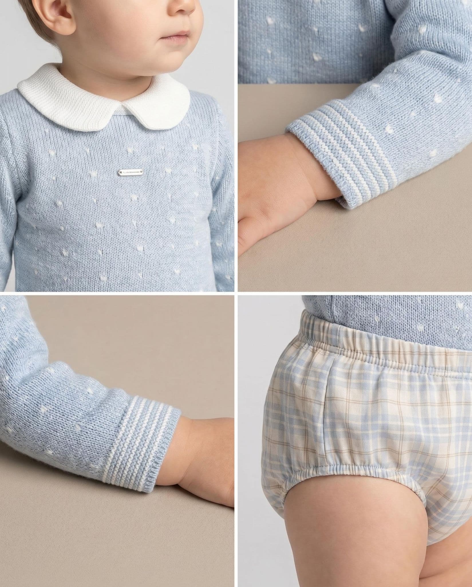 *SALE* FOQUE Baby Boys Misty Blue Knitted Top & Checked Bloomers Set "2424205"