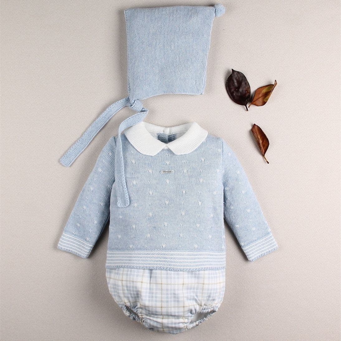 *SALE* FOQUE Baby Boys Misty Blue Knitted Top & Checked Bloomers Set "2424205"