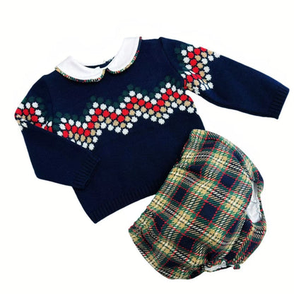 *SALE* FOQUE Baby Boys Navy Knitted Top with Tartan Jam Pants "2324122"