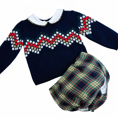 *SALE* FOQUE Baby Boys Navy Knitted Top with Tartan Jam Pants "2324122"