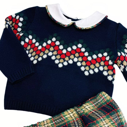*SALE* FOQUE Baby Boys Navy Knitted Top with Tartan Jam Pants "2324122"