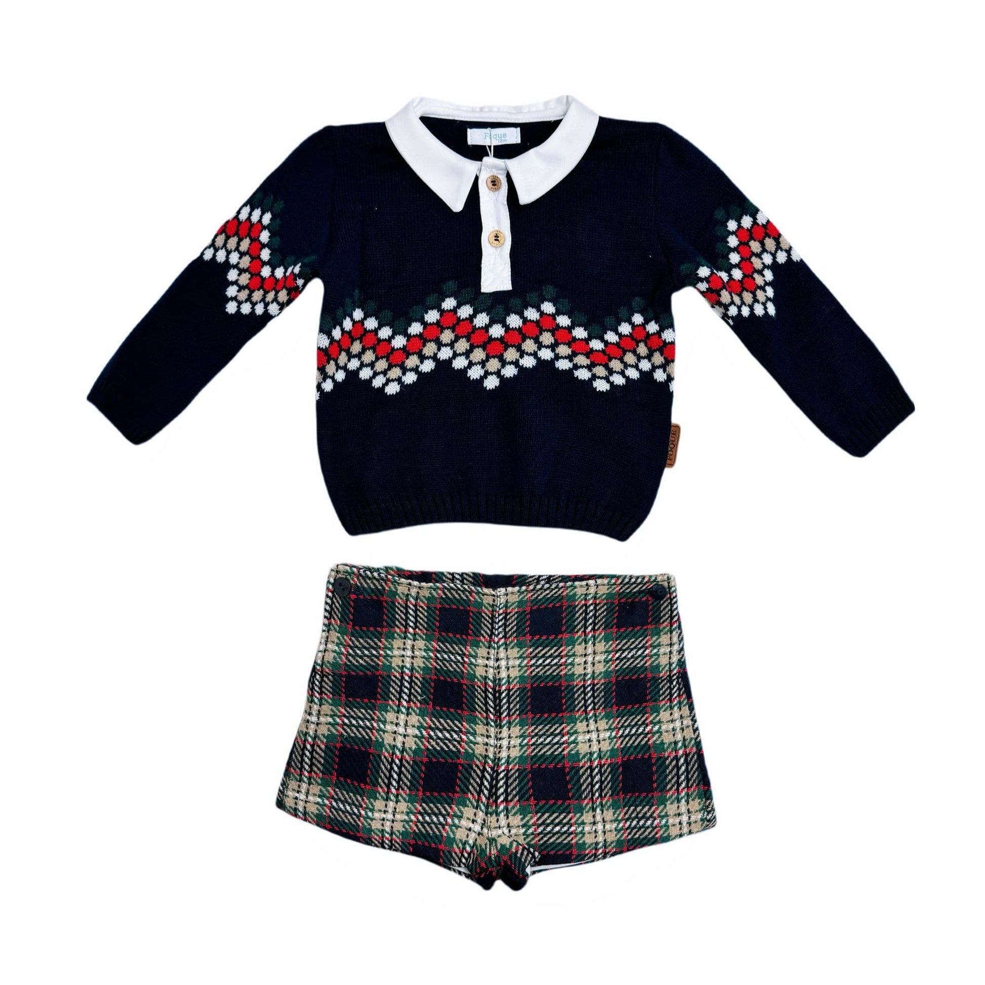 *SALE* FOQUE Baby Boys Navy Knitted Top with Tartan Shorts "2324123"