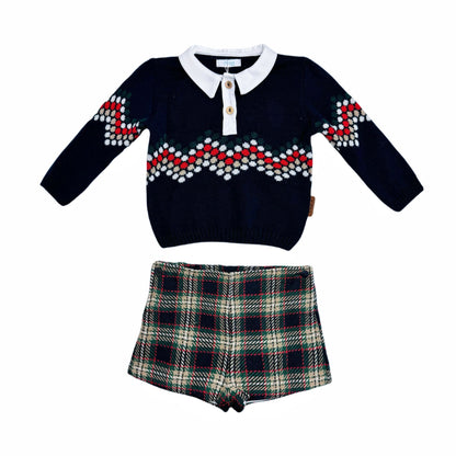 *SALE* FOQUE Baby Boys Navy Knitted Top with Tartan Shorts "2324123"