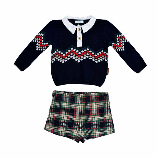 *SALE* FOQUE Baby Boys Navy Knitted Top with Tartan Shorts "2324123"