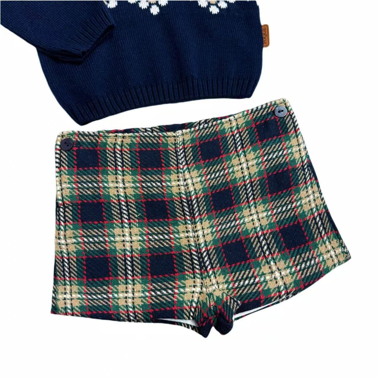 *SALE* FOQUE Baby Boys Navy Knitted Top with Tartan Shorts "2324123"