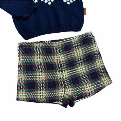 *SALE* FOQUE Baby Boys Navy Knitted Top with Tartan Shorts "2324123"