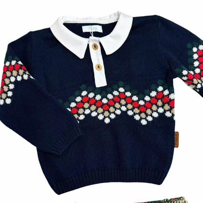 *SALE* FOQUE Baby Boys Navy Knitted Top with Tartan Shorts "2324123"