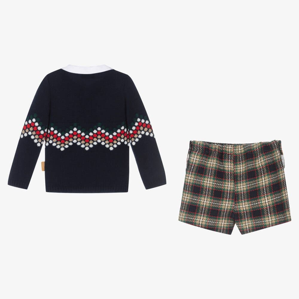 *SALE* FOQUE Baby Boys Navy Knitted Top with Tartan Shorts "2324123"