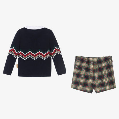 *SALE* FOQUE Baby Boys Navy Knitted Top with Tartan Shorts "2324123"