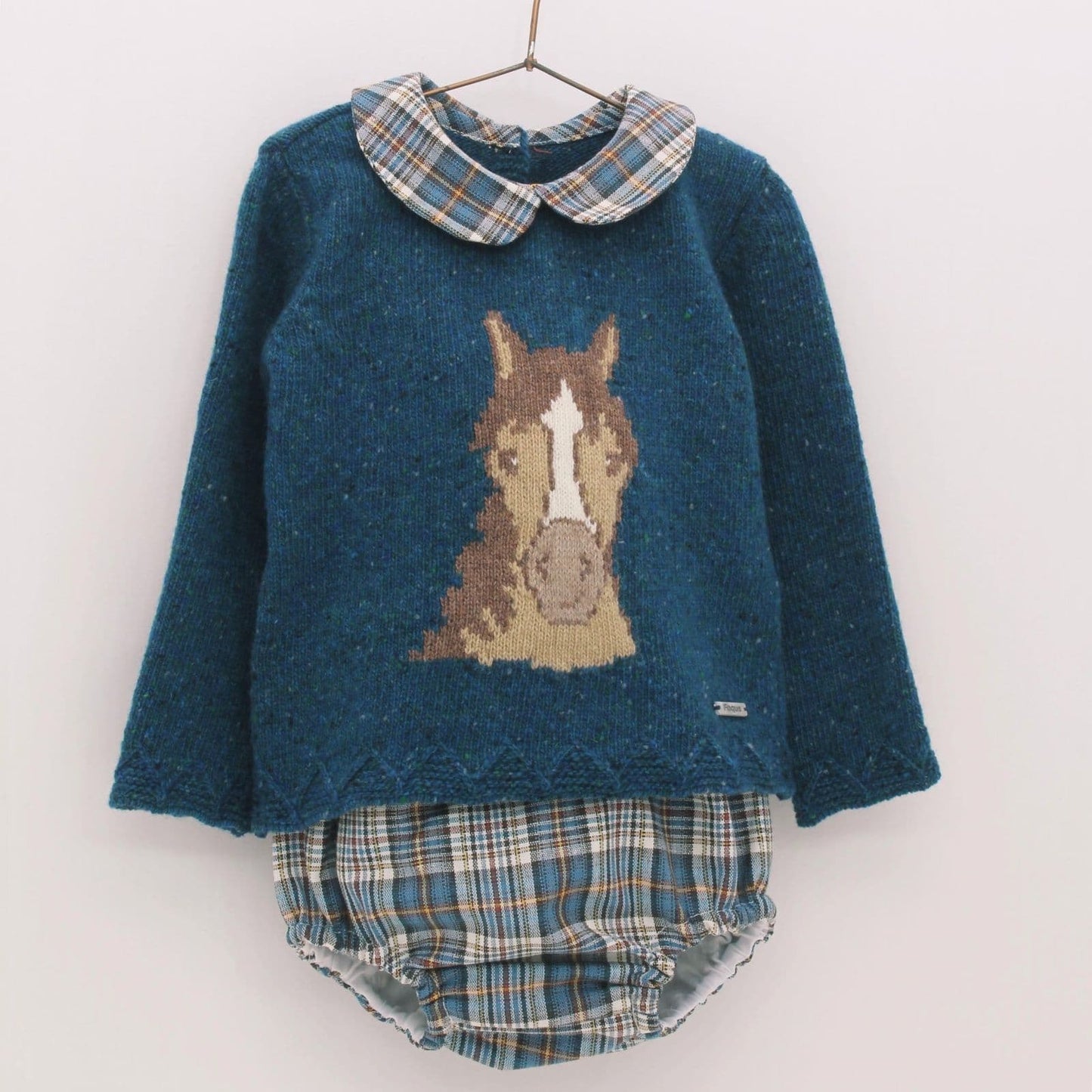 *SALE* FOQUE Baby Boys Petrol Blue Knitted Horse Top with Tartan Jam Pants "2324128"