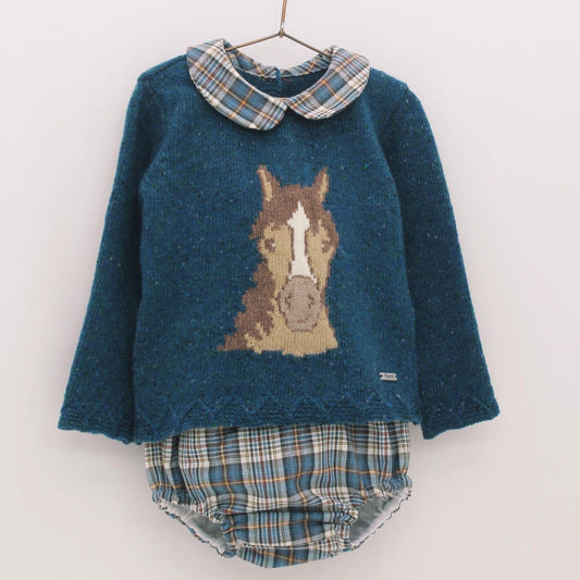 *SALE* FOQUE Baby Boys Petrol Blue Knitted Horse Top with Tartan Jam Pants "2324128"