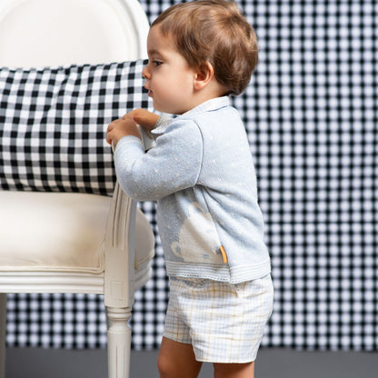 *SALE* FOQUE Baby Boys Sky Blue Knitted Bear Top & Checked Shorts Set "2424207"