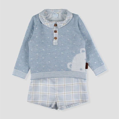 *SALE* FOQUE Baby Boys Sky Blue Knitted Bear Top & Checked Shorts Set "2424207"