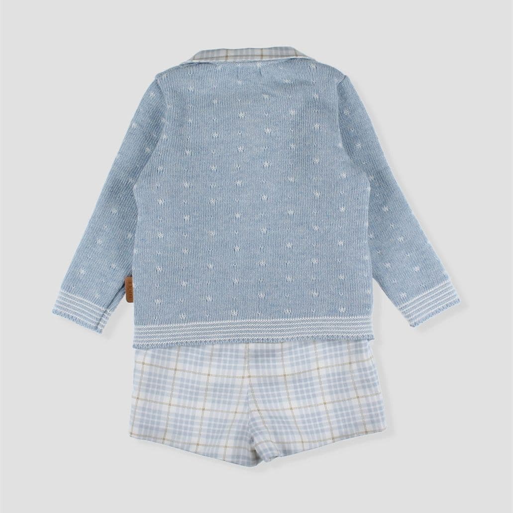 *SALE* FOQUE Baby Boys Sky Blue Knitted Bear Top & Checked Shorts Set "2424207"