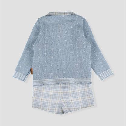 *SALE* FOQUE Baby Boys Sky Blue Knitted Bear Top & Checked Shorts Set "2424207"