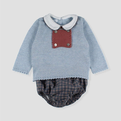*SALE* FOQUE Baby Boys Sky Blue Knitted Red Panel Top & Checked Bloomers Set "2424211"