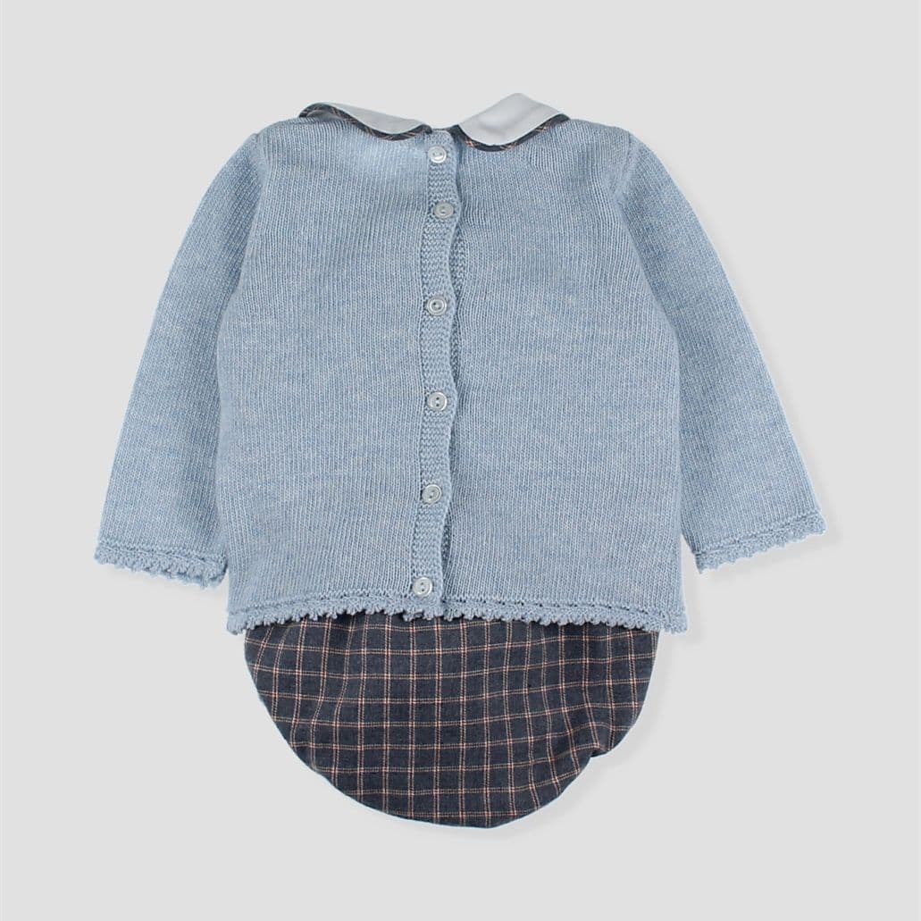 *SALE* FOQUE Baby Boys Sky Blue Knitted Red Panel Top & Checked Bloomers Set "2424211"