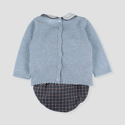 *SALE* FOQUE Baby Boys Sky Blue Knitted Red Panel Top & Checked Bloomers Set "2424211"