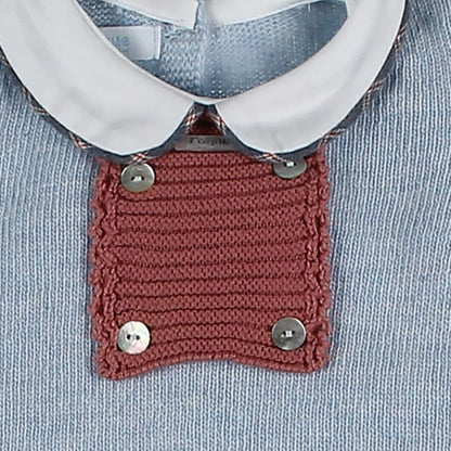 *SALE* FOQUE Baby Boys Sky Blue Knitted Red Panel Top & Checked Bloomers Set "2424211"