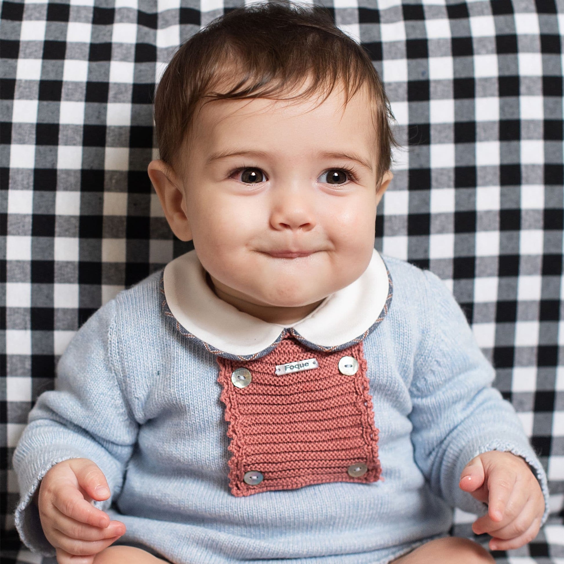*SALE* FOQUE Baby Boys Sky Blue Knitted Red Panel Top & Checked Bloomers Set "2424211"