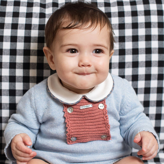 *SALE* FOQUE Baby Boys Sky Blue Knitted Red Panel Top & Checked Bloomers Set "2424211"