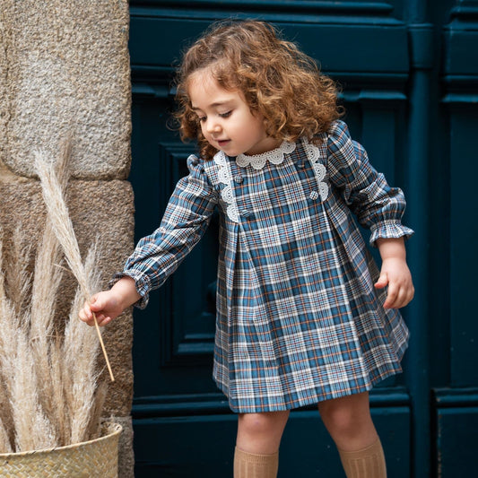 *SALE* FOQUE Baby Girls Blue and Grey Cotton Tartan Dress "2325152"