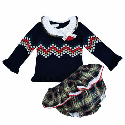 *SALE* FOQUE Baby Girls Navy Knitted Top with Tartan Shorts "2324121"