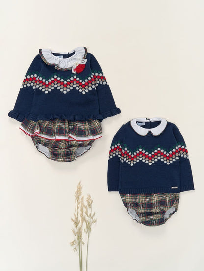 *SALE* FOQUE Baby Girls Navy Knitted Top with Tartan Shorts "2324121"