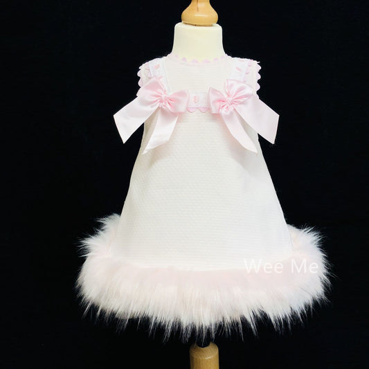 SALE" Gorgeous Baby Girl Pink Fur Bottom Dress with Pink Bow "8612 Pink