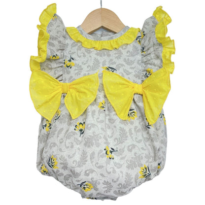*SALE* Grey Floral Romper Frilly Shoulder and Yellow Bows "LM2201"