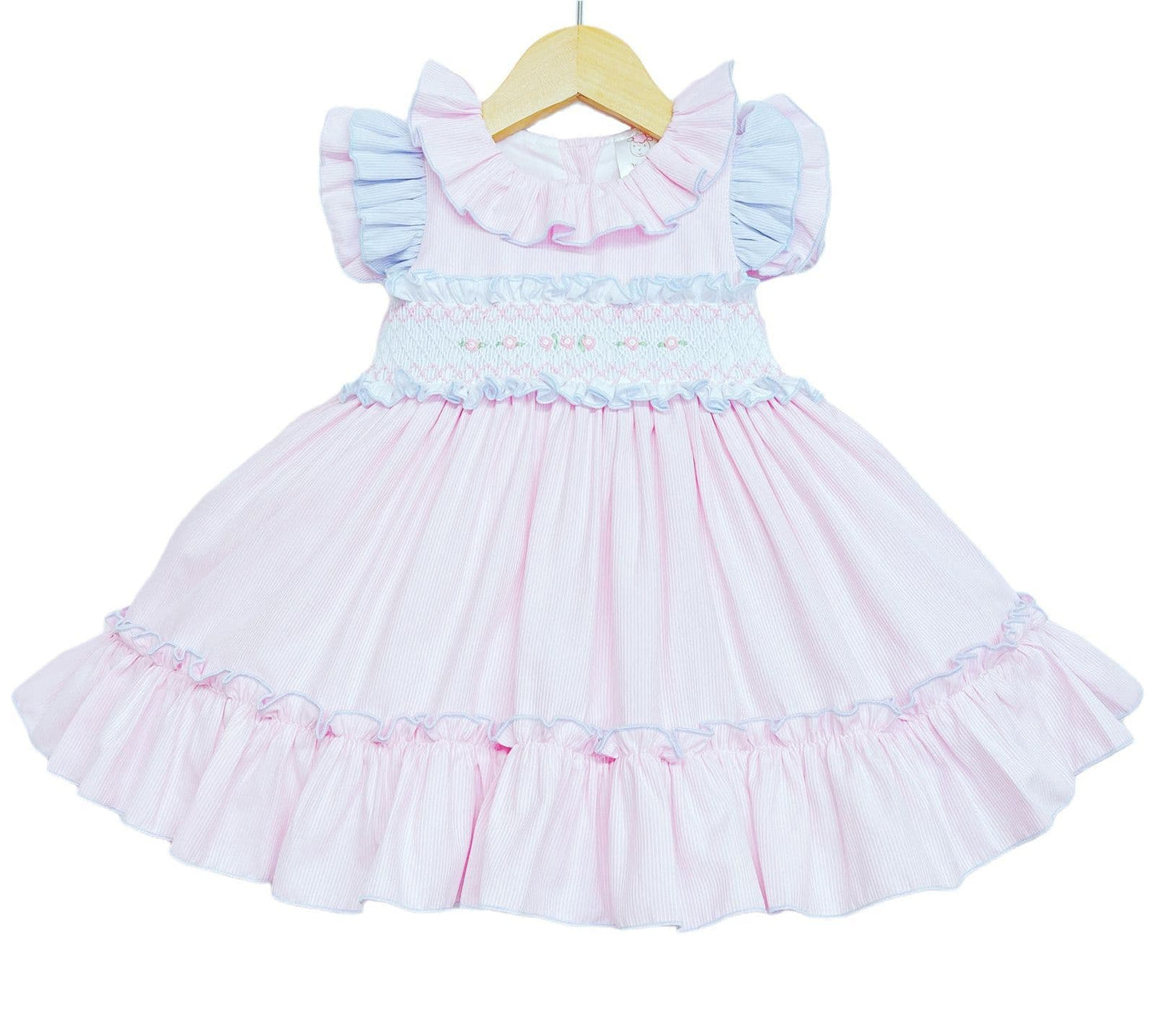 *SALE* Pink with Blue Details Puff Ball Smocked Dress "2252 P"