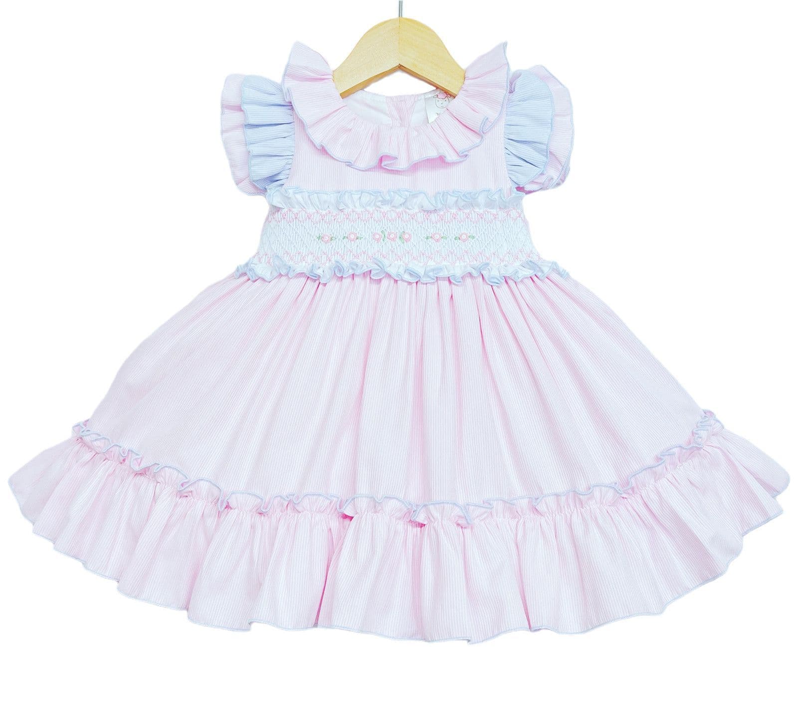 *SALE* Pink with Blue Details Puff Ball Smocked Dress "2252 P"