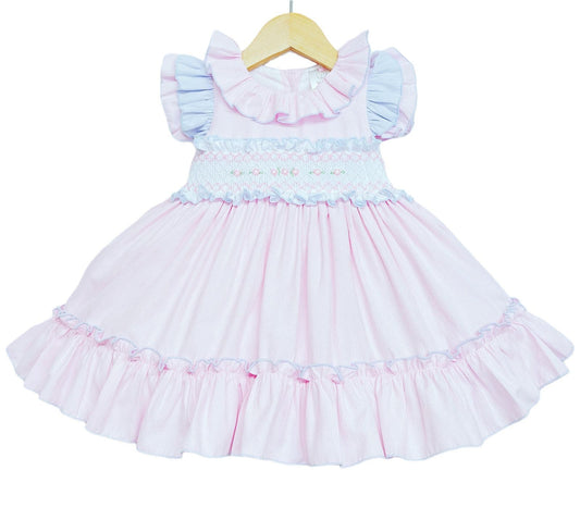 *SALE* Pink with Blue Details Puff Ball Smocked Dress "2252 P"