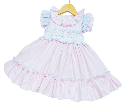 *SALE* Pink with Blue Details Puff Ball Smocked Dress "2252 P"