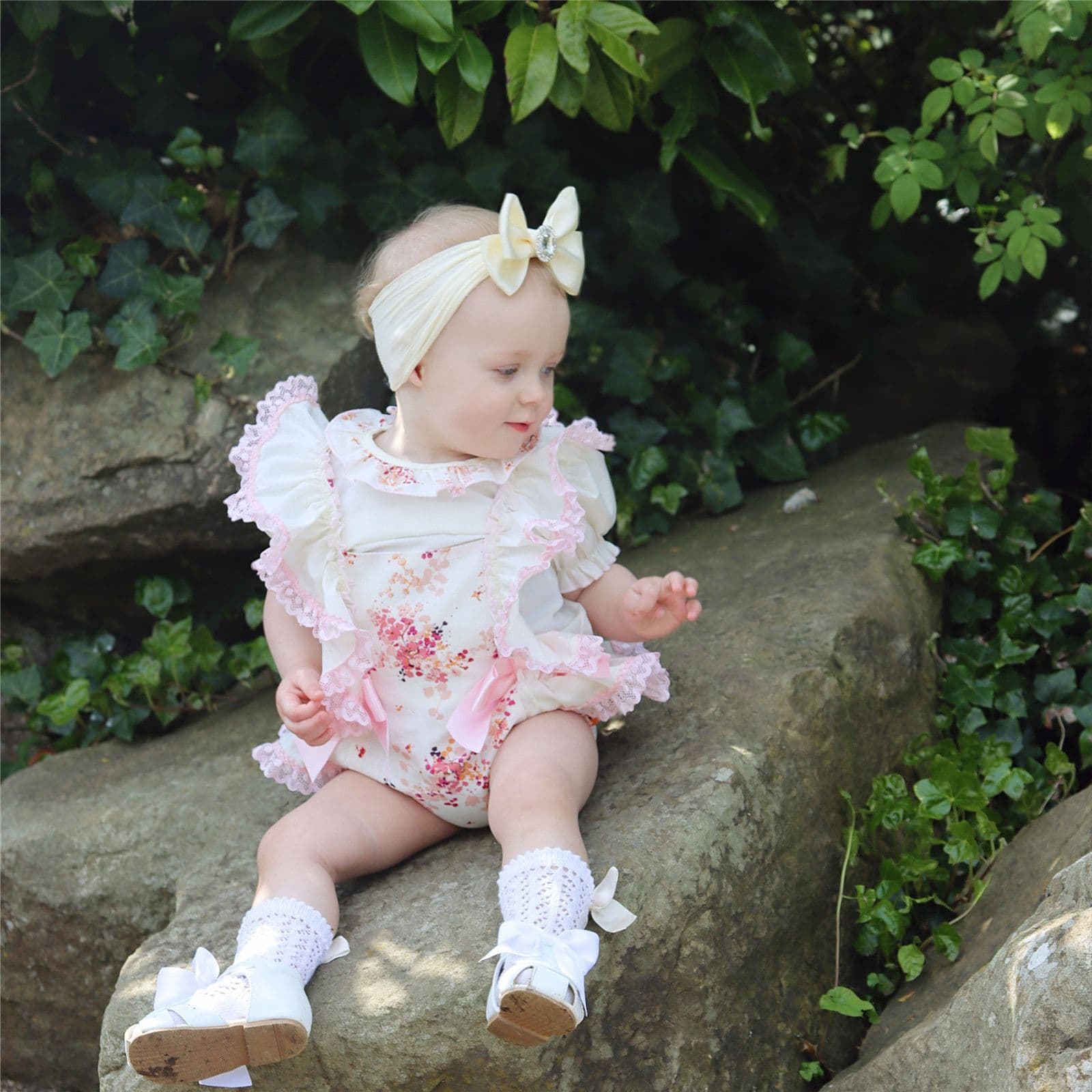 *SALE* Pink with Cream Floral Frilly Shoulder Romper with Shirt "MYD2248"