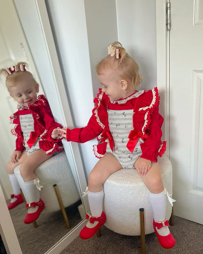 *SALE* Red & Grey Stripy Animal Print Frilly Shoulder Romper with Shirt "MYD2265"