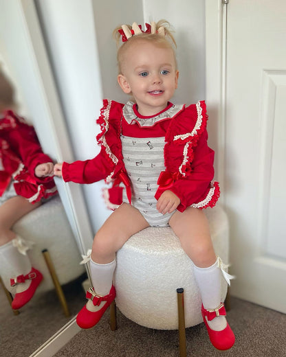*SALE* Red & Grey Stripy Animal Print Frilly Shoulder Romper with Shirt "MYD2265"