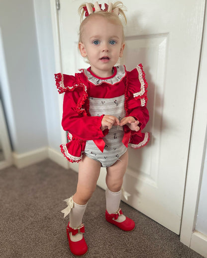 *SALE* Red & Grey Stripy Animal Print Frilly Shoulder Romper with Shirt "MYD2265"