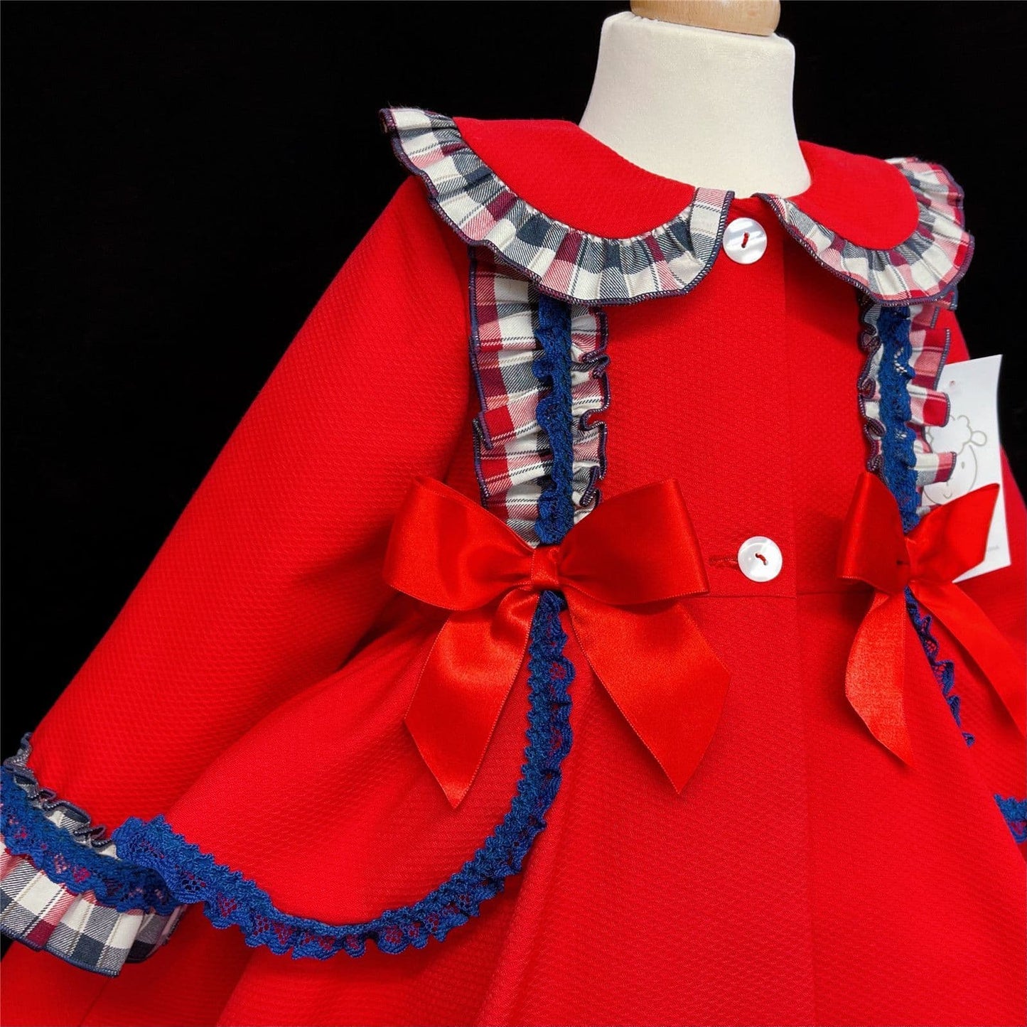 *SALE* Red Navy Checked Waffle Puff Ball Frilly Jacket Satin Bows "MYD866"